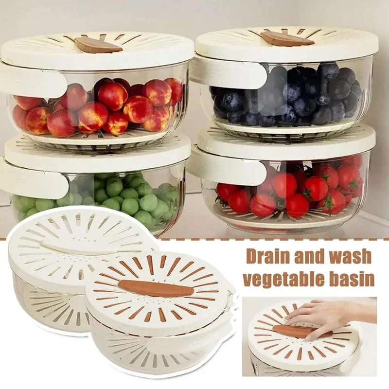 Fridge Fruit Storage Container Vegetables Drain Colander Organizer Bin (BPA-Free, No FDA) - Brown