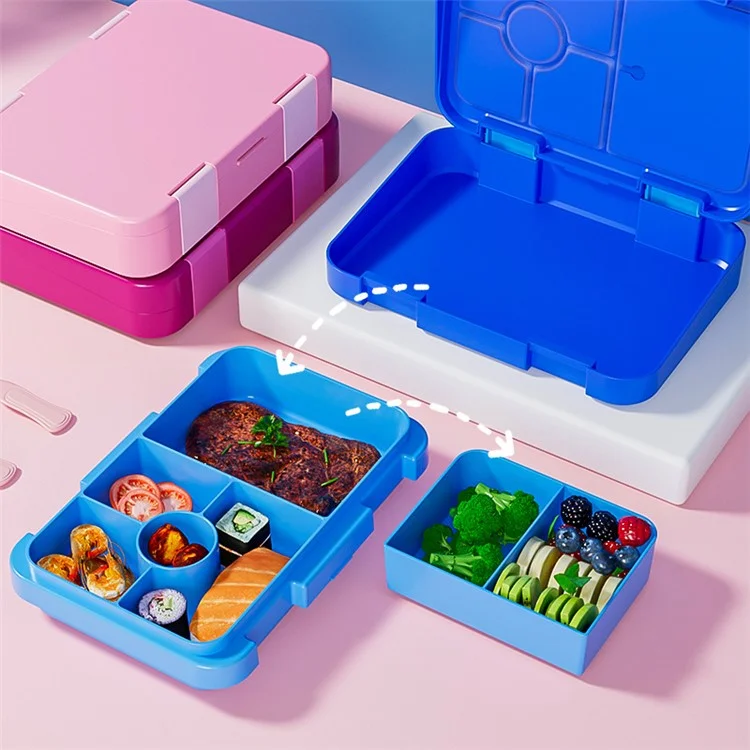 810ml Kids Bento Box Dual-Buckle Lunch Box with 2 Modular Containers Microwave Safe (No FDA, BPA-Free) - Blue