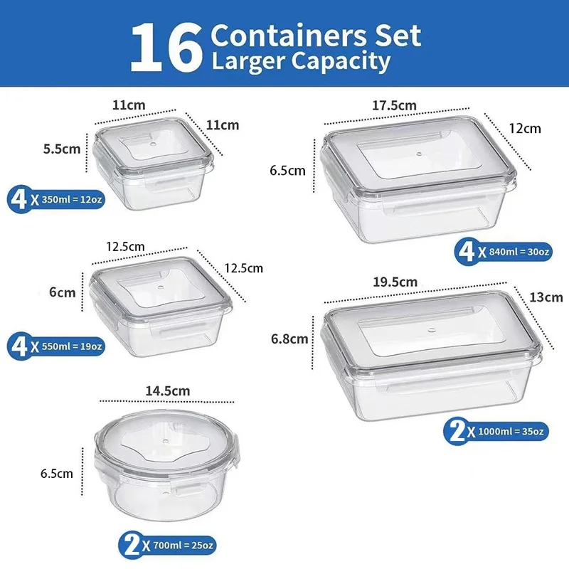16pcs / Réglez Les Contenants de Rangement Alimentaire Hermétiques Armoires de Cuisine pp Pots Avec Couvercle (sans Bpa, FDA / LFGB / Certifié Fcm)