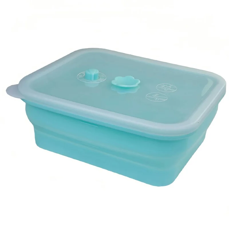 1000ml Rectangle Food Grade Silicone Collapsible Lunch Box Foldable Microwave Safe Storage Container (BPA-Free, FDA Certified) - Blue