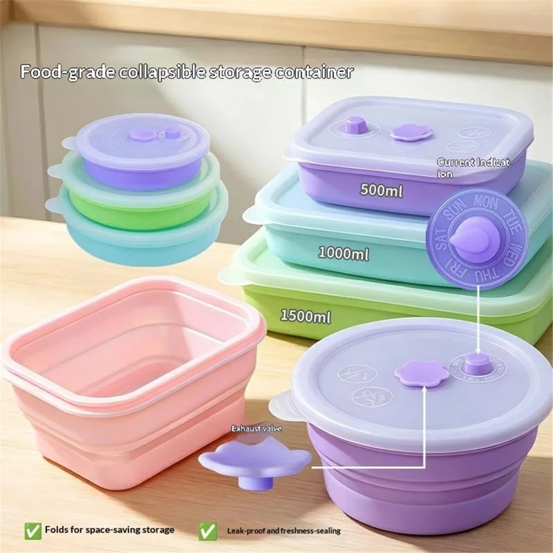 1000ml Rectangle Food Grade Silicone Collapsible Lunch Box Foldable Microwave Safe Storage Container (BPA-Free, FDA Certified) - Blue