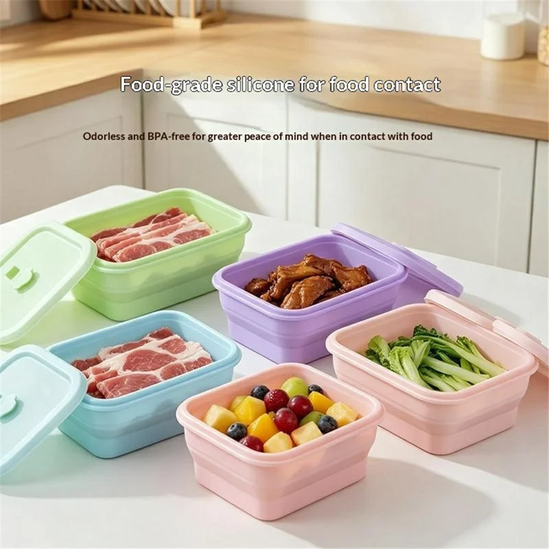 1000ml Rectangle Food Grade Silicone Collapsible Lunch Box Foldable Microwave Safe Storage Container (BPA-Free, FDA Certified) - Blue