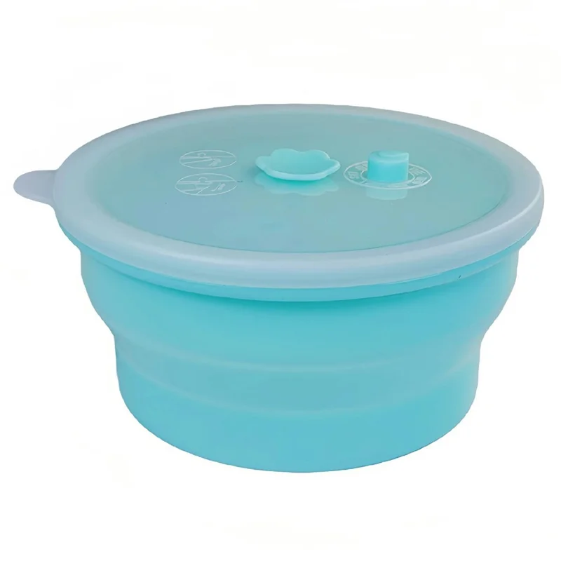 1000ml Round Food Grade Silicone Collapsible Lunch Box Foldable Microwave Safe Storage Container (BPA-Free, FDA Certified) - Blue