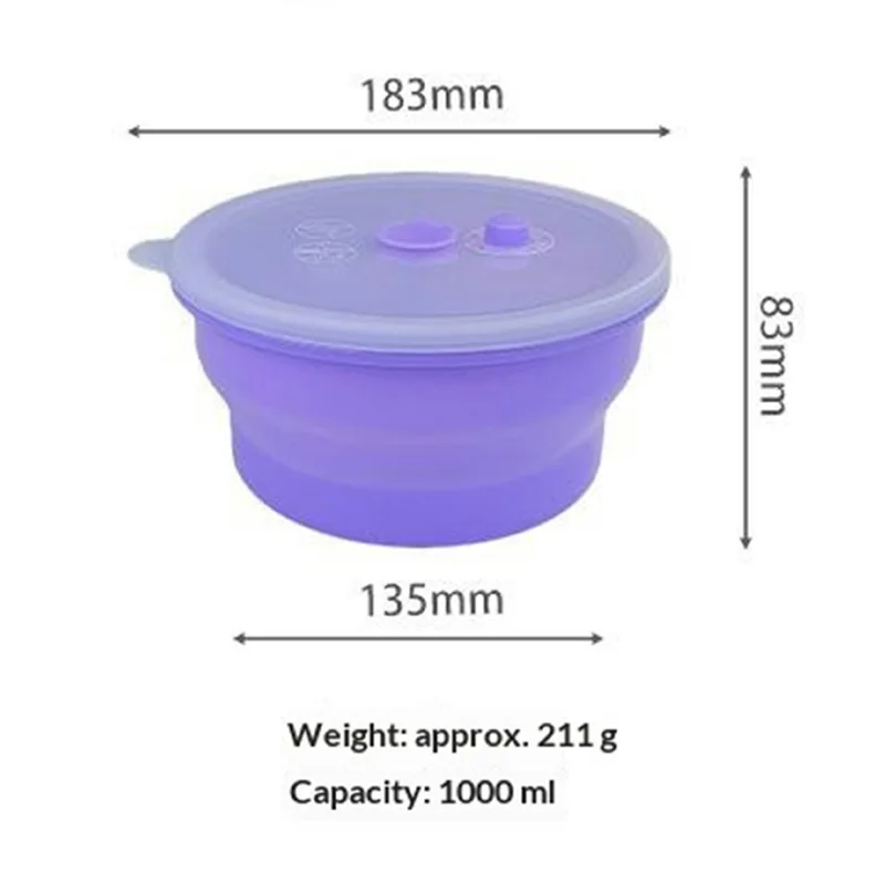 1000ml Round Food Grade Silicone Collapsible Lunch Box Foldable Microwave Safe Storage Container (BPA-Free, FDA Certified) - Blue