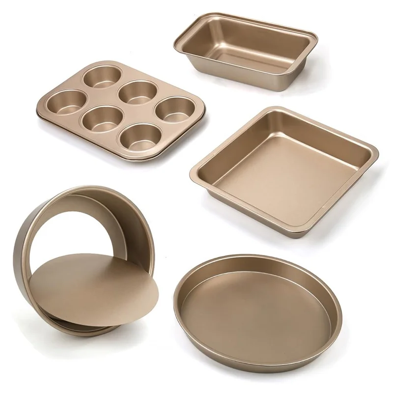 5Pcs Non-Stick Kitchen Bakeware Carbon Steel Baking Pizza Pan Cake Tray Set, Gold (No FDA, BPA Free)
