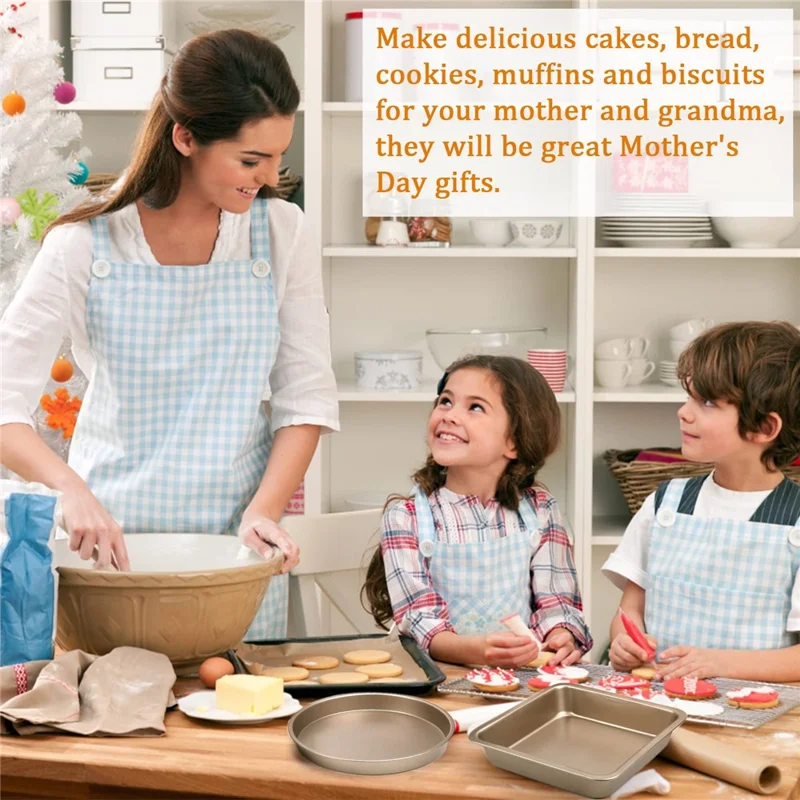 5Pcs Non-Stick Kitchen Bakeware Carbon Steel Baking Pizza Pan Cake Tray Set, Gold (No FDA, BPA Free)
