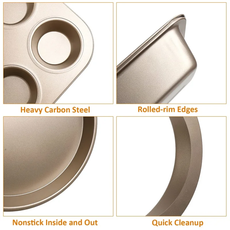 5Pcs Non-Stick Kitchen Bakeware Carbon Steel Baking Pizza Pan Cake Tray Set, Gold (No FDA, BPA Free)