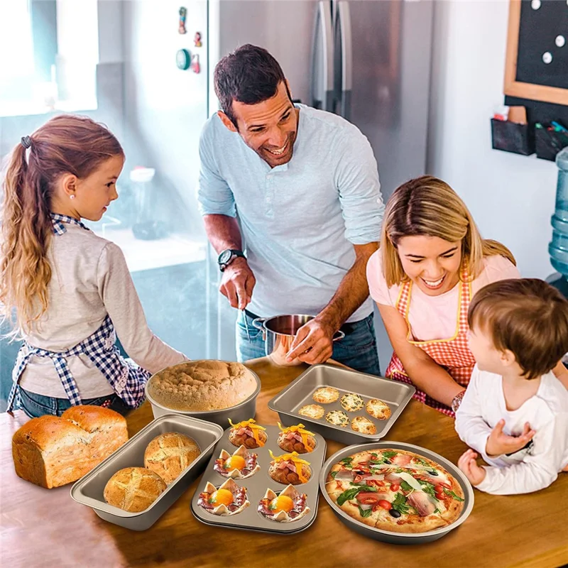 5Pcs Non-Stick Kitchen Bakeware Carbon Steel Baking Pizza Pan Cake Tray Set, Gold (No FDA, BPA Free)