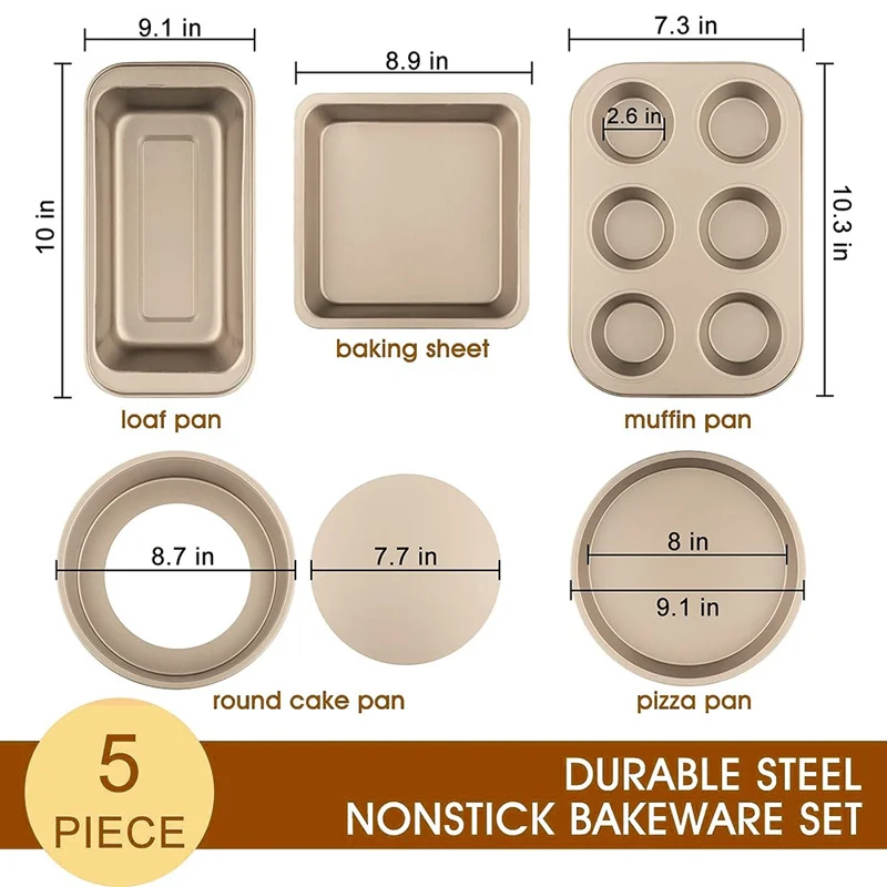 5Pcs Non-Stick Kitchen Bakeware Carbon Steel Baking Pizza Pan Cake Tray Set, Gold (No FDA, BPA Free)