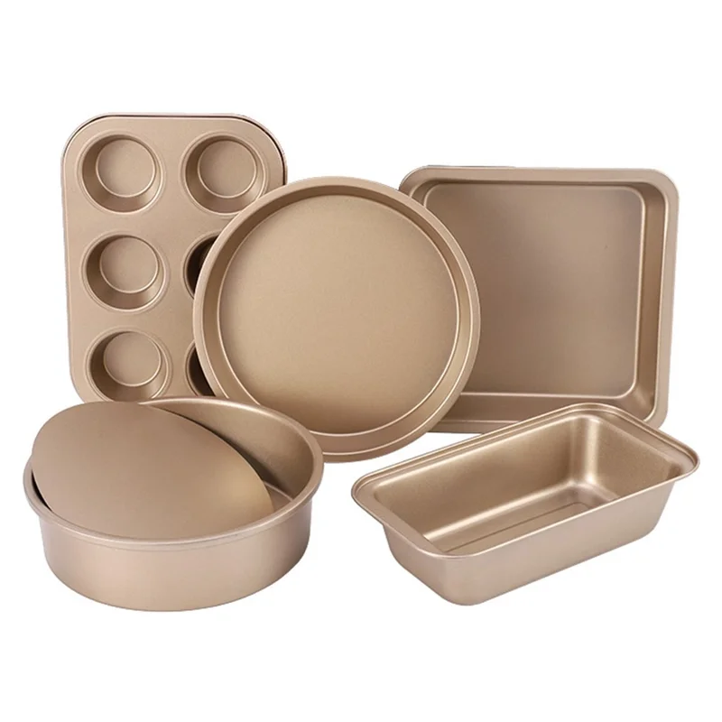 5Pcs Non-Stick Kitchen Bakeware Carbon Steel Baking Pizza Pan Cake Tray Set, Gold (No FDA, BPA Free)