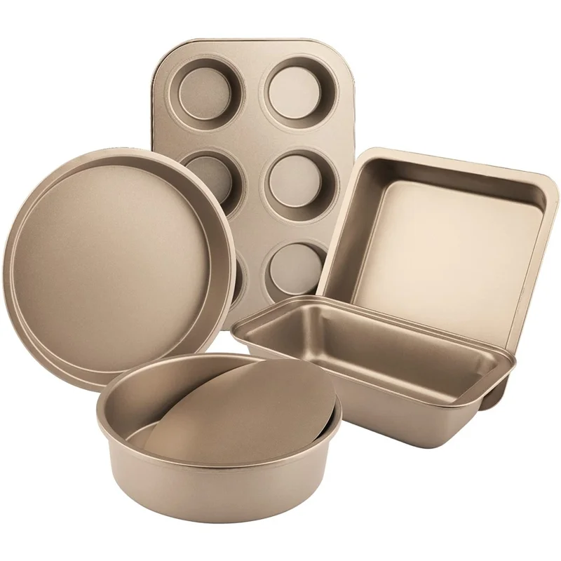 5Pcs Non-Stick Kitchen Bakeware Carbon Steel Baking Pizza Pan Cake Tray Set, Gold (No FDA, BPA Free)