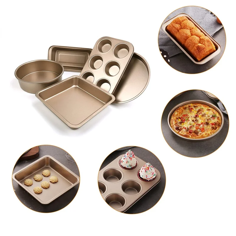 5Pcs Non-Stick Kitchen Bakeware Carbon Steel Baking Pizza Pan Cake Tray Set, Gold (No FDA, BPA Free)