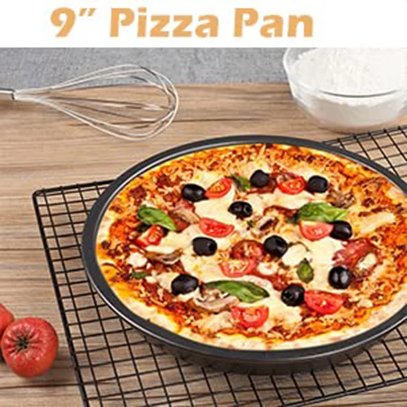 5Pcs Non-Stick Kitchen Bakeware Carbon Steel Baking Pizza Pan Cake Tray Set, Black (No FDA, BPA Free)