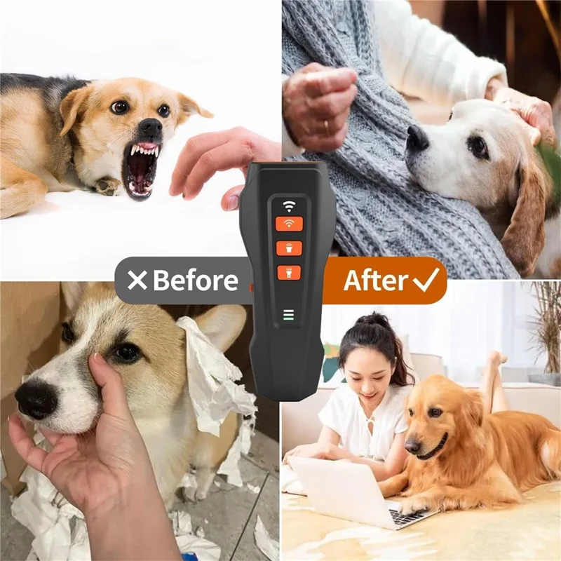 Portable Ultrasonic Pet Gift Dog Anti Barking Device Rechargeable LED Flash Training Aid - Grey+Orange