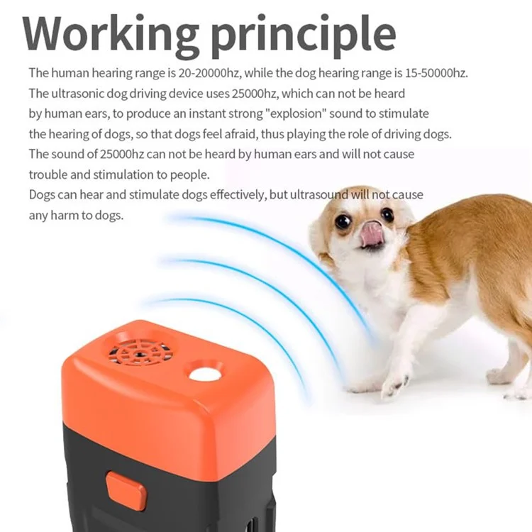 Ultrasonic Anti Barking Dog Trainer Portable Rechargeable LED Flash Pet Training Tool - Black+Orange