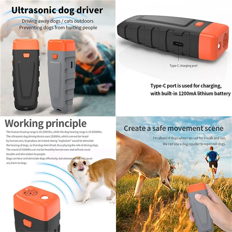 Ultrasonic Anti Barking Dog Trainer Portable Rechargeable LED Flash Pet Training Tool - Black+Orange