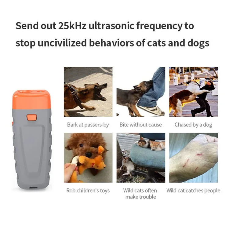 Ultrasonic Anti Barking Dog Trainer Portable Rechargeable LED Flash Pet Training Tool - Black+Orange