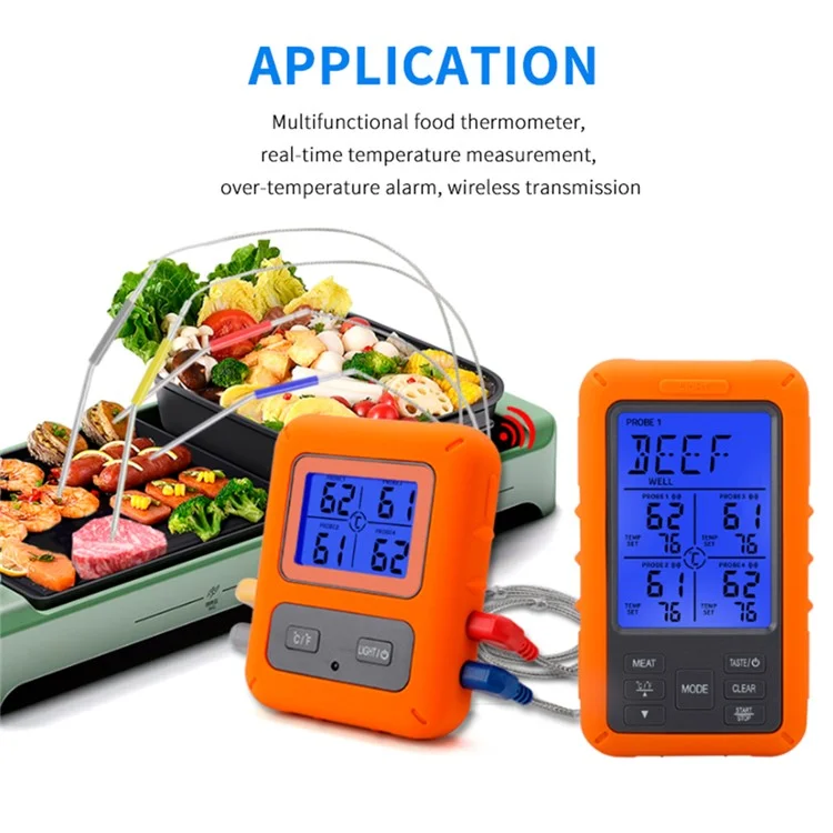 TS-TP40-A Sonda Digital para Barbacoa con Pantalla, Termómetro Inalámbrico para Alimentos de 4 Canales para Cocina