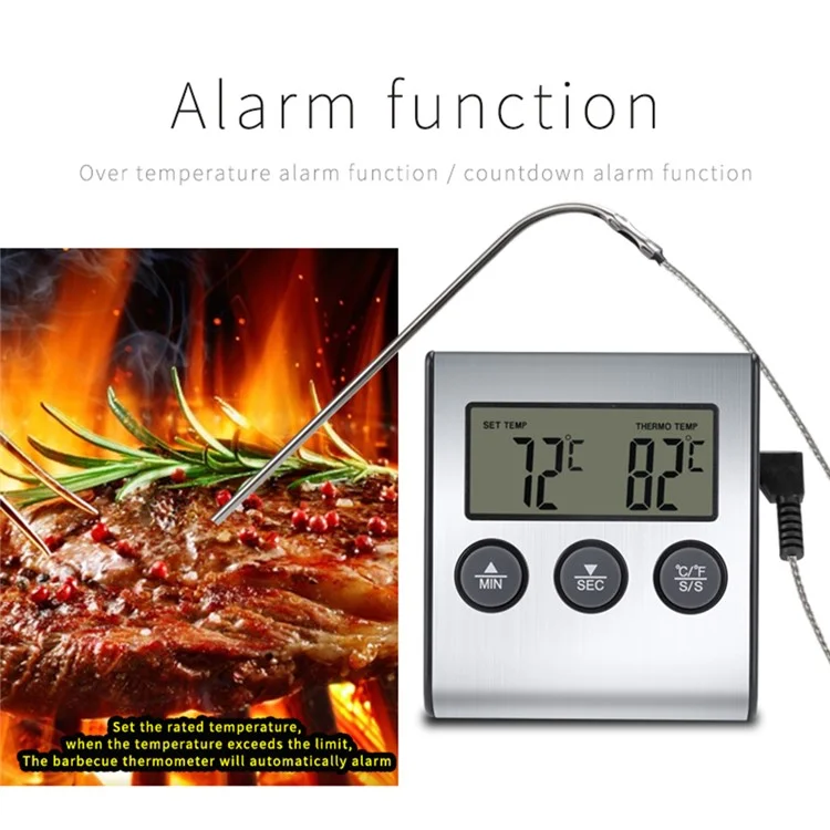 TS-BN50 Termômetro Digital de Alimentos para Churrasco, Cozinha e Cozimento com Alarme, Cronômetro e Indicador de Temperatura