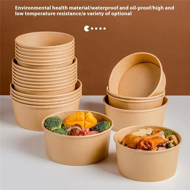 50 Unidades Envases Redondos de Papel Kraft Desechables de 750 ml con Tapa para Ensaladas / Comidas Ligeras (Sin BPA, Certificado por la FDA)