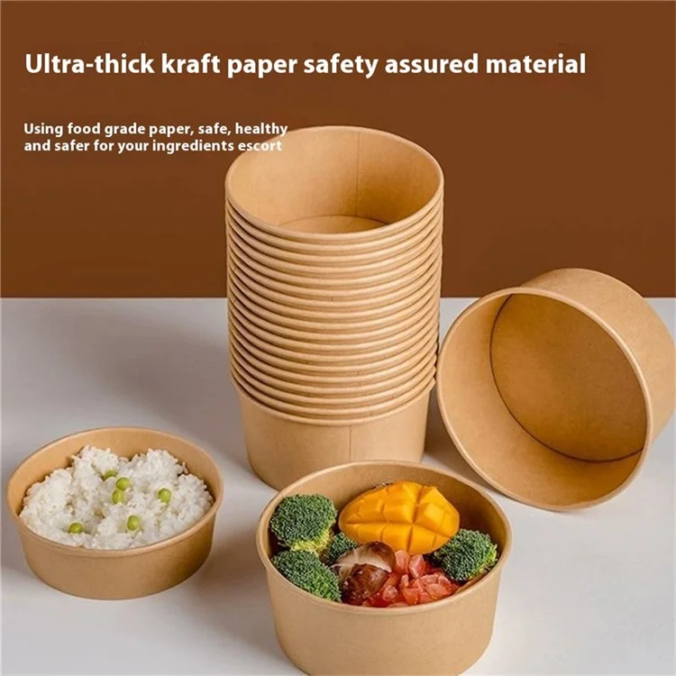 50 Unidades Envases Redondos de Papel Kraft Desechables de 750 ml con Tapa para Ensaladas / Comidas Ligeras (Sin BPA, Certificado por la FDA)