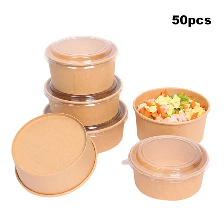 50 Unidades Recipientes Redondos de Papel Kraft Desechables de 1300ml con Tapa para Ensaladas / Comidas Ligeras (Sin BPA, Certificado por la FDA)