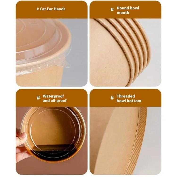 50 Unidades Recipientes Redondos de Papel Kraft Desechables de 1300ml con Tapa para Ensaladas / Comidas Ligeras (Sin BPA, Certificado por la FDA)