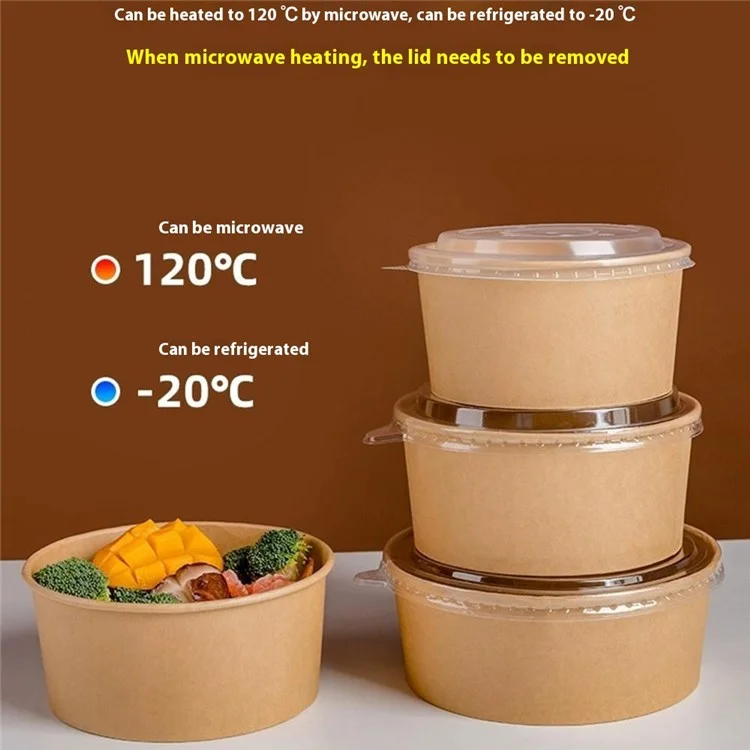 50 Unidades Recipientes Redondos de Papel Kraft Desechables de 1300ml con Tapa para Ensaladas / Comidas Ligeras (Sin BPA, Certificado por la FDA)