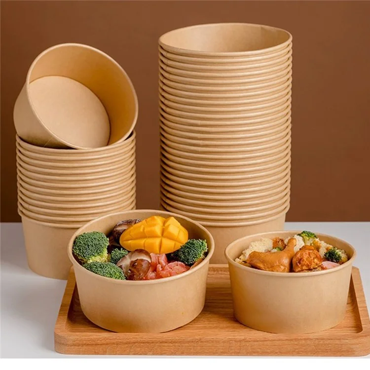 50 Unidades Recipientes Redondos de Papel Kraft Desechables de 1300ml con Tapa para Ensaladas / Comidas Ligeras (Sin BPA, Certificado por la FDA)