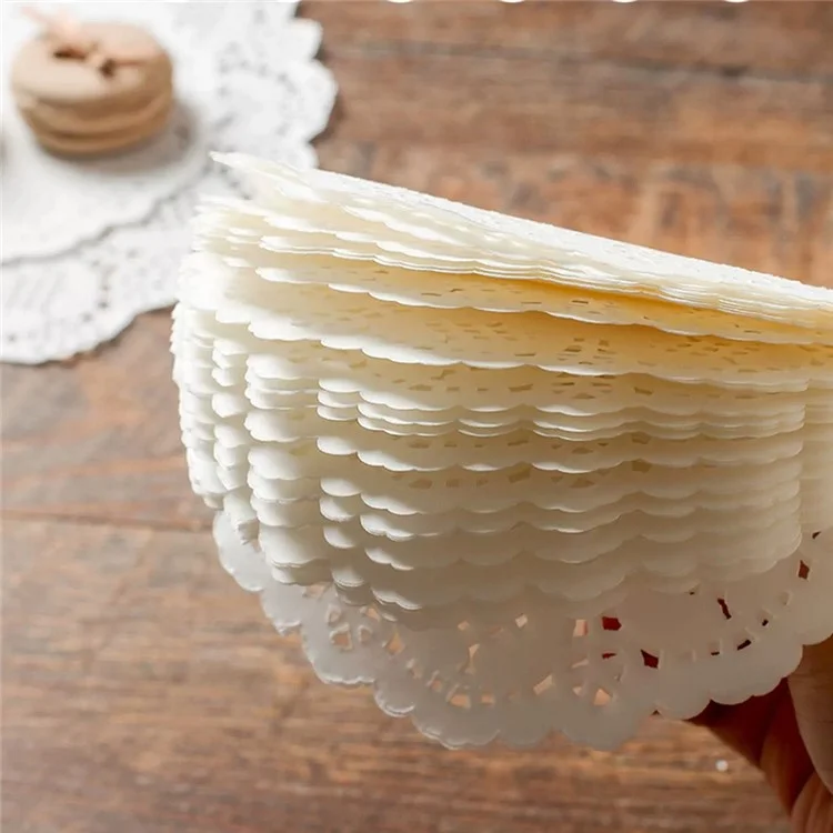 140Pcs 5.5 inch Disposable Food Doilies Round Flower Bottom Paper Lace Liners Oil Absorbing Cake Pad (BPA Free, FDA Certified)
