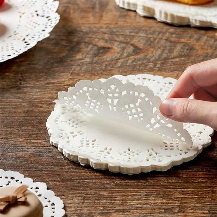 140Pcs 5.5 inch Disposable Food Doilies Round Flower Bottom Paper Lace Liners Oil Absorbing Cake Pad (BPA Free, FDA Certified)