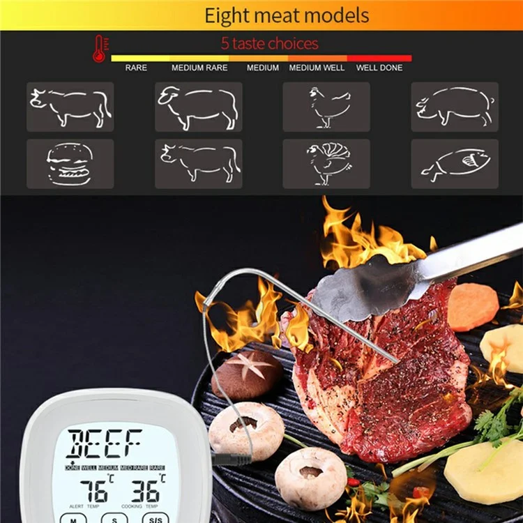 Termómetro Digital TS-802A-1 de 2,3 Pulgadas para Barbacoa con Pantalla Táctil, Timer y 8 Tipos de Alimentos