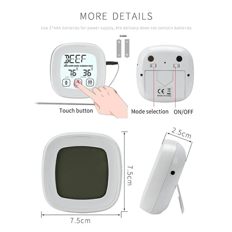 Termómetro Digital TS-802A-1 de 2,3 Pulgadas para Barbacoa con Pantalla Táctil, Timer y 8 Tipos de Alimentos