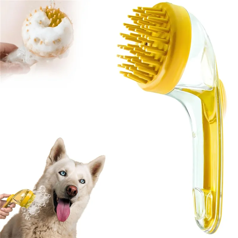 Brosse de toilettage pour animaux avec manche long et distributeur de liquide - Outil de massage et nettoyage pour chiens et chats - Jaune / Poils épais