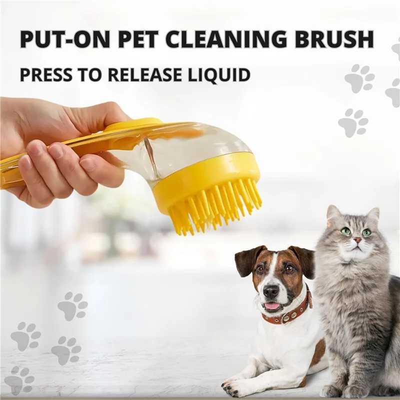 Brosse de toilettage pour animaux avec manche long et distributeur de liquide - Outil de massage et nettoyage pour chiens et chats - Jaune / Poils épais