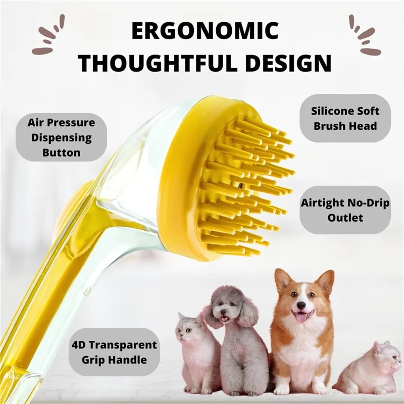 Brosse de toilettage pour animaux avec manche long et distributeur de liquide - Outil de massage et nettoyage pour chiens et chats - Jaune / Poils épais
