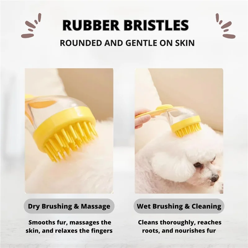 Brosse de toilettage pour animaux avec manche long et distributeur de liquide - Outil de massage et nettoyage pour chiens et chats - Jaune / Poils épais