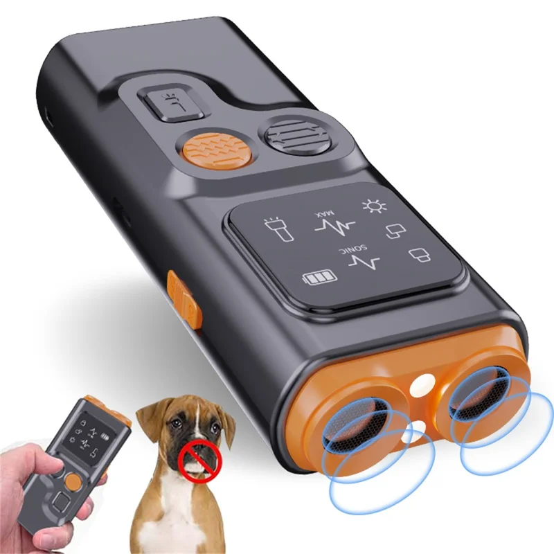 P7 Portable Dual Head Ultrasonic Dog Repellent with LED Light Anti Barking Device Gift for Training - Black