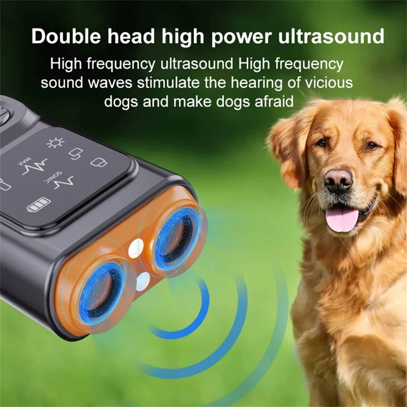 P7 Portable Dual Head Ultrasonic Dog Repellent with LED Light Anti Barking Device Gift for Training - Black