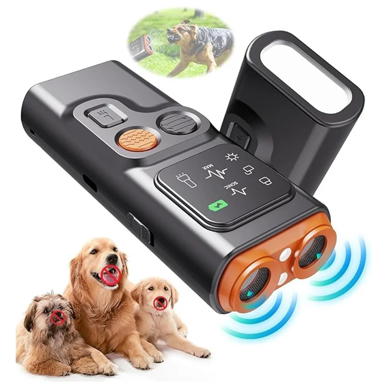 P7 Portable Dual Head Ultrasonic Dog Repellent with LED Light Anti Barking Device Gift for Training - Black