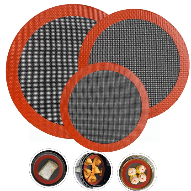 3Pcs Silicone Baking Mat Set Round Non Stick Heat Resistant Pastry Mat for Cooking (BPA Free, with FDA) - Red