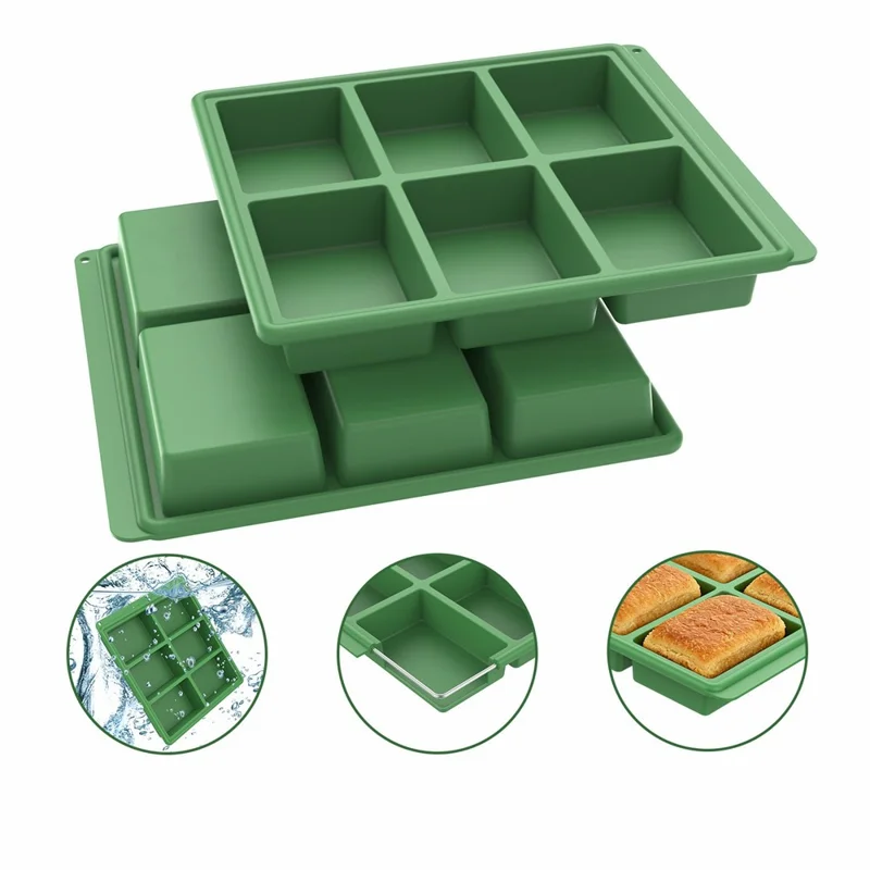 Tabuleiro de Silicone 6 Cavidades Molde Retangular para Bolo Molde para Pão de Alta Temperatura (Certificado FDA) - Verde