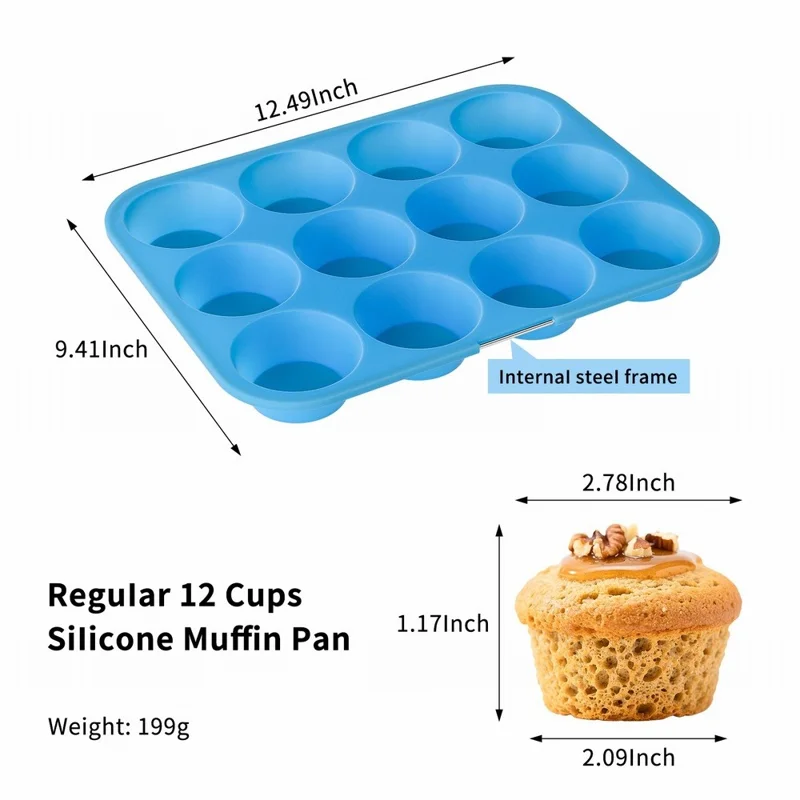 12 Cups Silicone Muffin Pan with Steel Frame Baking Mold for Cupcakes Muffins Puddings (FDA Certificated) - Blue