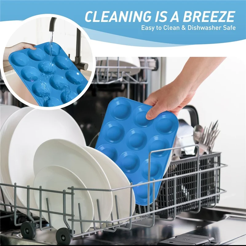 12 Cups Silicone Muffin Pan with Steel Frame Baking Mold for Cupcakes Muffins Puddings (FDA Certificated) - Blue