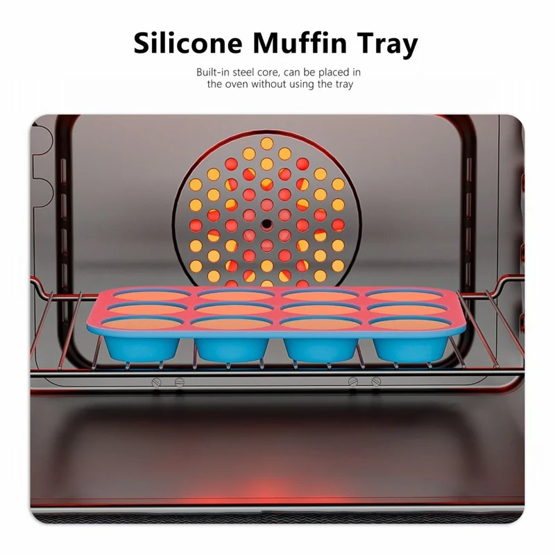 12 Cups Silicone Muffin Pan with Steel Frame Baking Mold for Cupcakes Muffins Puddings (FDA Certificated) - Blue