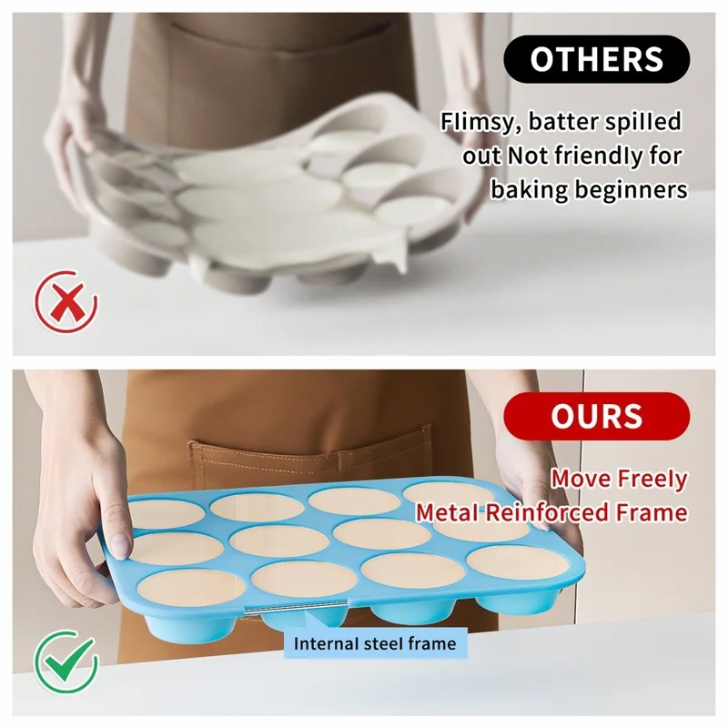 12 Cups Silicone Muffin Pan with Steel Frame Baking Mold for Cupcakes Muffins Puddings (FDA Certificated) - Blue