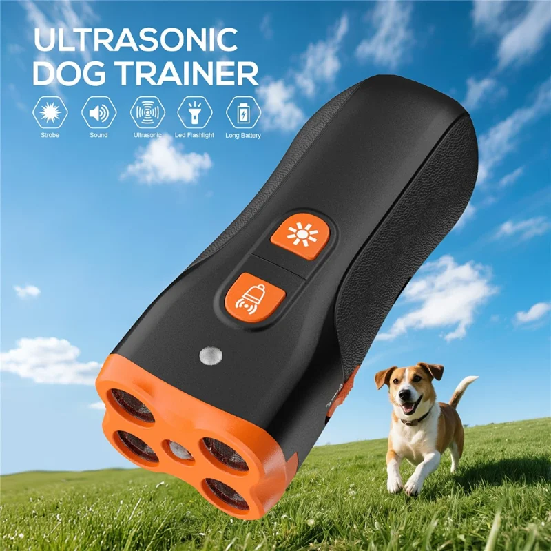 Dispositivo Portátil H6 de Treino Canino com 4 Cabeças Ultrassónicas, Dispositivo Repelente de Latidos com Lanterna LED - Laranja Preto