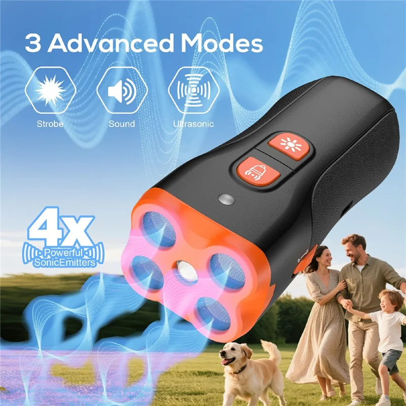 Dispositivo Portátil H6 de Treino Canino com 4 Cabeças Ultrassónicas, Dispositivo Repelente de Latidos com Lanterna LED - Laranja Preto