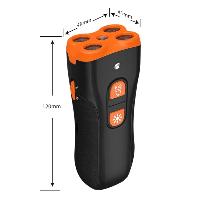 Dispositivo Portátil H6 de Treino Canino com 4 Cabeças Ultrassónicas, Dispositivo Repelente de Latidos com Lanterna LED - Laranja Preto