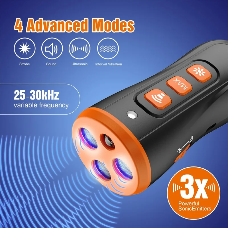 Dispositivo Portátil de Treino para Cães V7 com 3 Emissores Ultrassónicos, Dispositivo de Controlo de Latidos, com Luz LED - Laranja Preto